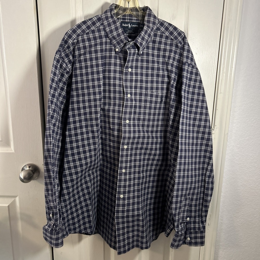 Ralph Lauren Shirt Men XL Blue Windowpane Button Up Dress Moore